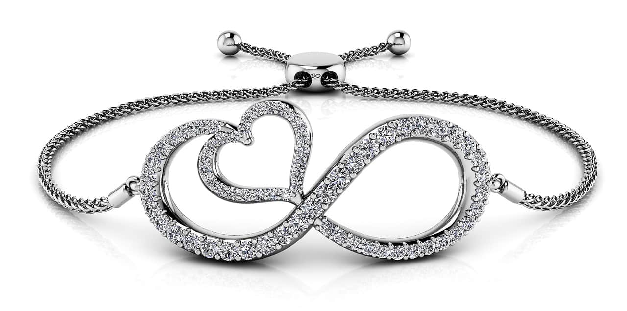 Infinite Love Diamond Heart Adjustable Bracelet In Platinum Or Gold